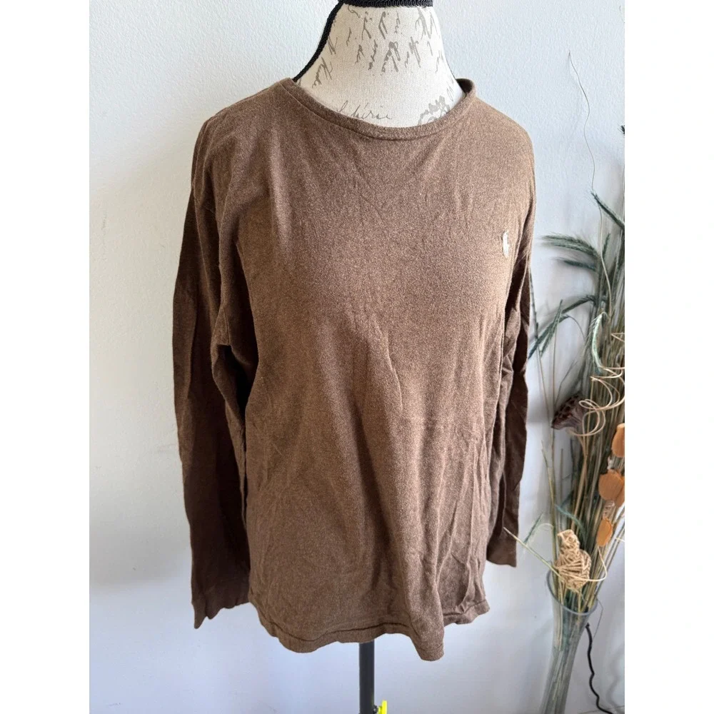 Polo Ralph Lauren Mens Long Sleeve T-Shirt Brown Heathered Pony‎ Logo Large
